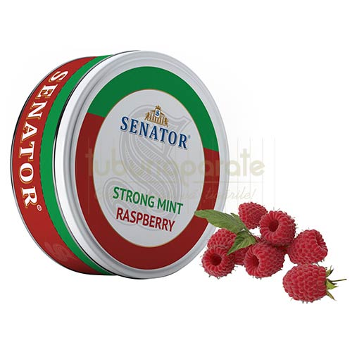 Recipient cu 20 de pliculete cu nicotina 20 mg/g tarie, aroma de zmeura si menta Senator Strong Mint Raspberry